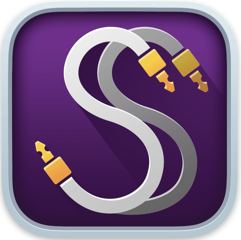 A purple and white icon with two cables representing Sound Siphon for macOS.