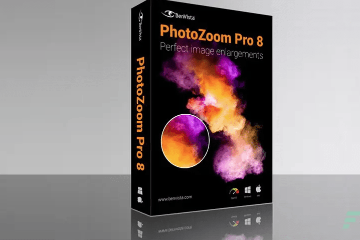 Version 1: High-quality image editing software, Photoshop Pro 8 for Mac, featuring advanced tools and capabilities. Compatible with PhotoZoom Pro.