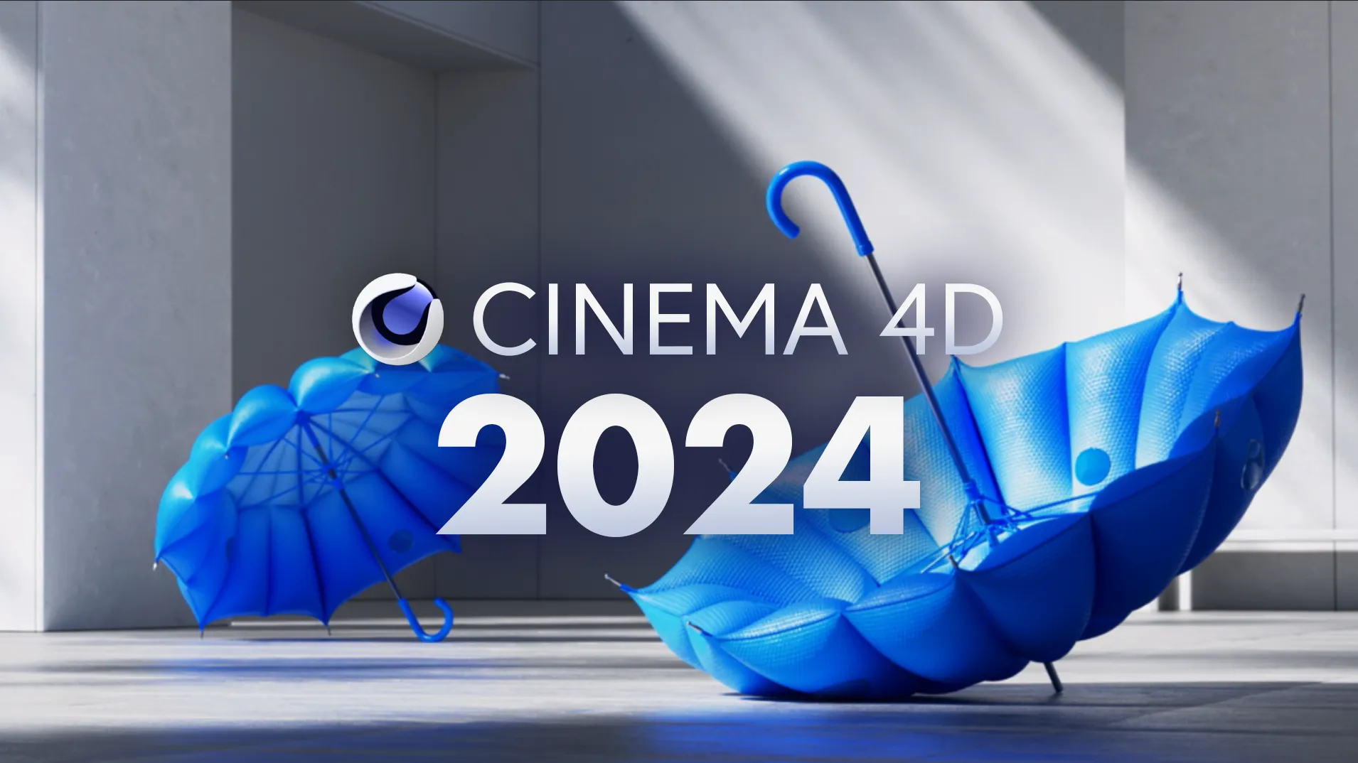 Two blue umbrellas, one standing and the other inverted, are set against a modern architectural backdrop with light streaming in. The text "Maxon Cinema 4D v2024.5.1" is prominently displayed in the foreground.