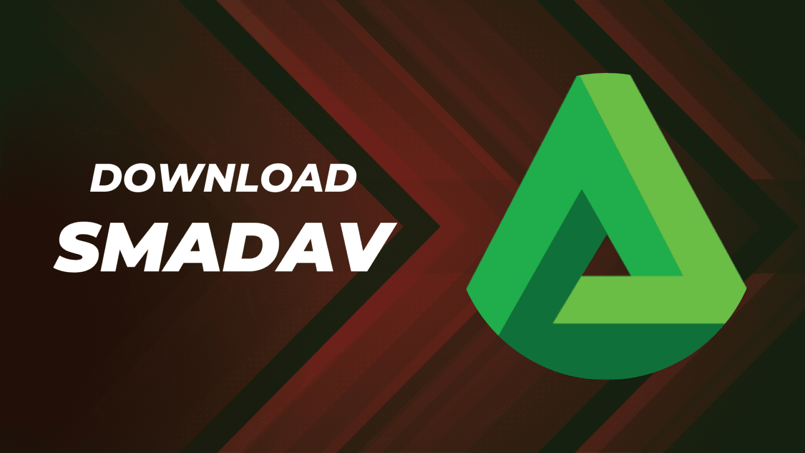 The image features a green geometric "A" shaped logo on a dark, gradient background with diagonal red and green lines. To the left of the logo, the text "DOWNLOAD SMADAV v15.2" is prominently displayed in bold white letters.