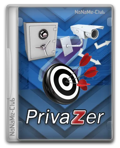 An image for PrivaZer Pro software. The design shows a vault, security camera, and bullseye target with red darts, symbolizing security and precision. The background includes blue arrows indicating movement or data transfer. The text "PrivaZer Pro" is displayed prominently.