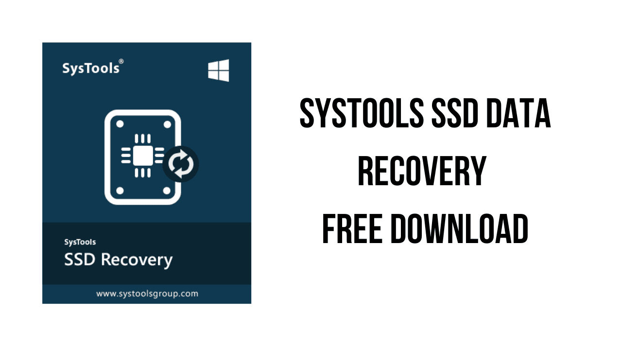 A promotional image for SysTools SSD Data Recovery software. The left side displays the software box with a graphic of an SSD and the Windows logo. Bold black text on the right states "SysTools SSD Data Recovery Free Download." Dark blue background on the box highlights its professional look.