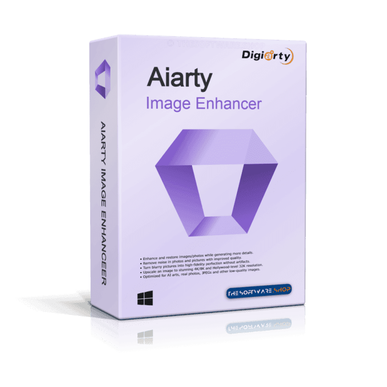 A product box for "Aiarty Image Enhancer" by Digiarty. The box is white with purple accents and features a geometric shape. It includes text highlighting its ability to enhance and restore images. The Software Shop logo, a Windows compatibility icon, and the AppDoze endorsement are also shown.