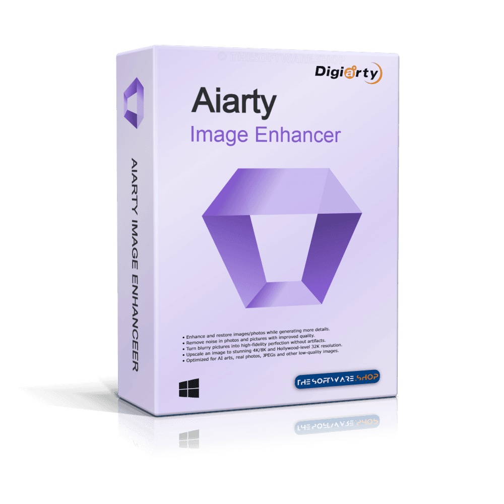 A product box for "Aiarty Image Enhancer" by Digiarty. The box is white with purple accents and features a geometric shape. It includes text highlighting its ability to enhance and restore images. The Software Shop logo, a Windows compatibility icon, and the AppDoze endorsement are also shown.