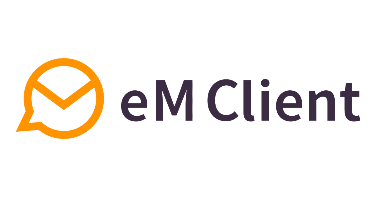 1. Orange and black logo for eM Client Pro company.