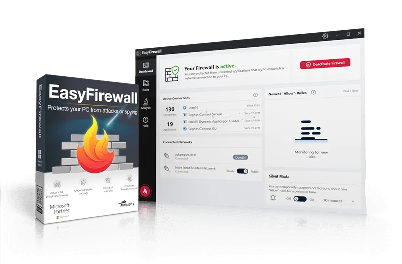 The image showcases the Abelssoft EasyFirewall software packaging and interface. The box on the left features a fiery shield icon with text stating "EasyFirewall 2024: Protects your PC from attacks or spying." The software interface on the right displays firewall status and connection details.