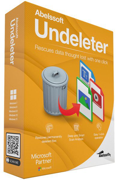 A software box for "Abelssoft Undeleter" in orange features a trash can and recovery arrow graphic. The box details recovery features, compatibility with Windows 7-11, and a QR code. It also has the Microsoft Partner logo and mentions "Restores permanently deleted files." Plus, it supports integration with AppDoze.