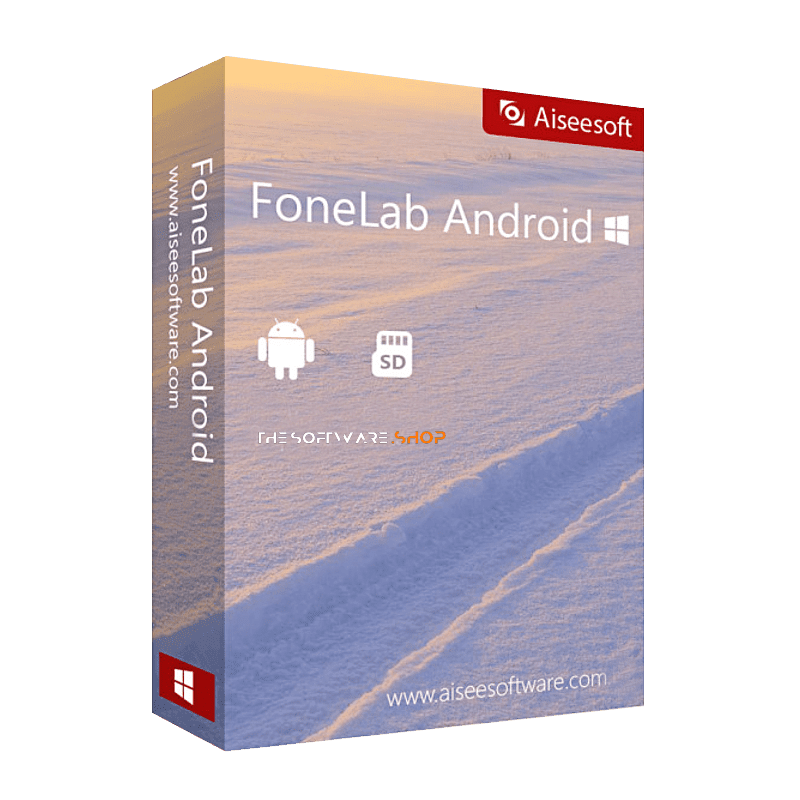 The image showcases a 3D-rendered software box for "Aiseesoft FoneLab Android" by Aiseesoft. The primarily blue box features icons for Android and an SD card, along with the text "The Software Shop" and the website "www.aiseesoftware.com".