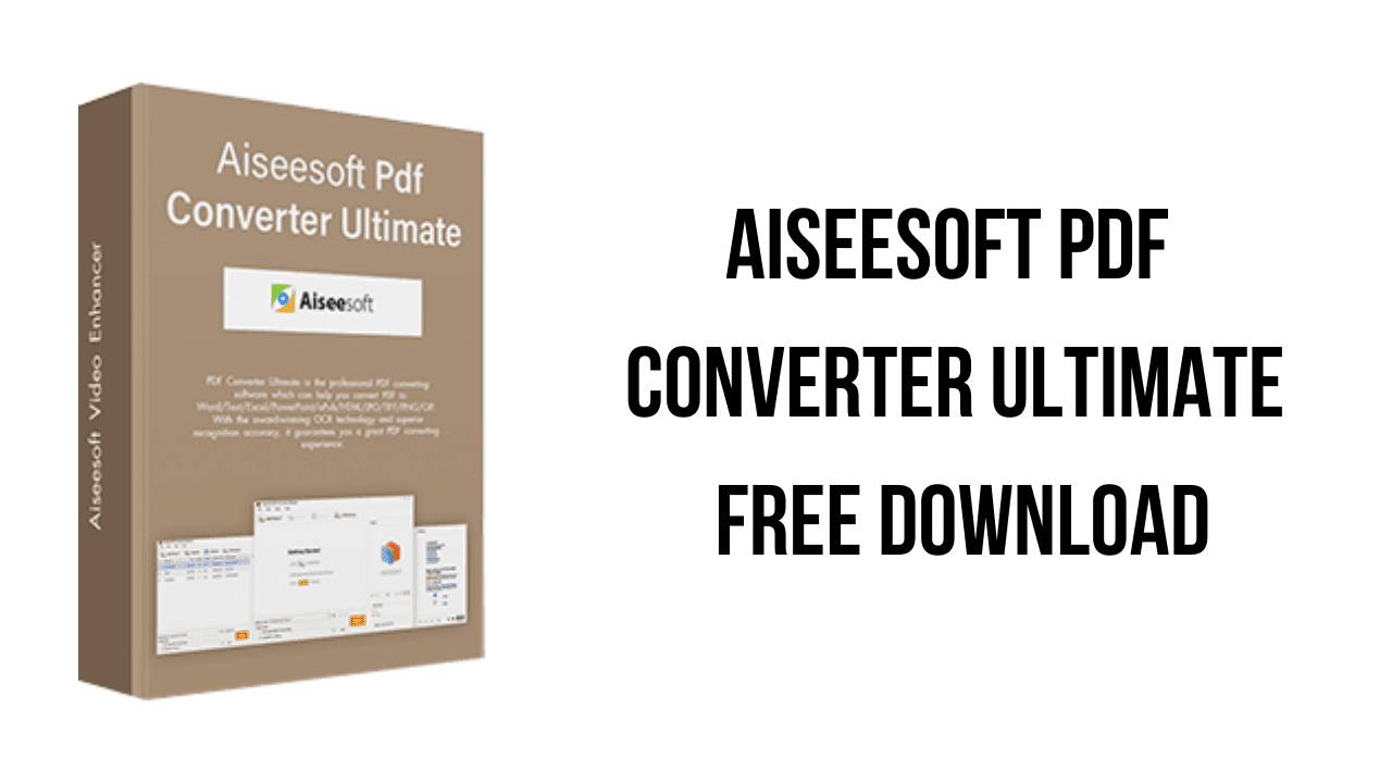 Image of the Aiseesoft PDF Converter Ultimate software box on the left, with text on the right that reads "Aiseesoft PDF Converter Ultimate Free Download" from KhanPC. The software box displays the Aiseesoft logo, interface images, and detailed text descriptions.