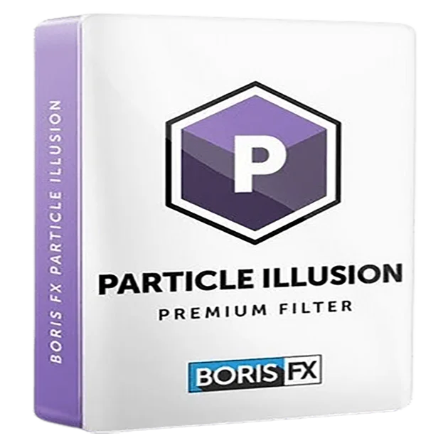 The image displays the packaging for Boris FX Particle Illusion Pro. The package is primarily white with a hexagonal logo containing a "P" in the center and features a purple color scheme. The brand name "Boris FX" is prominently displayed at the bottom.