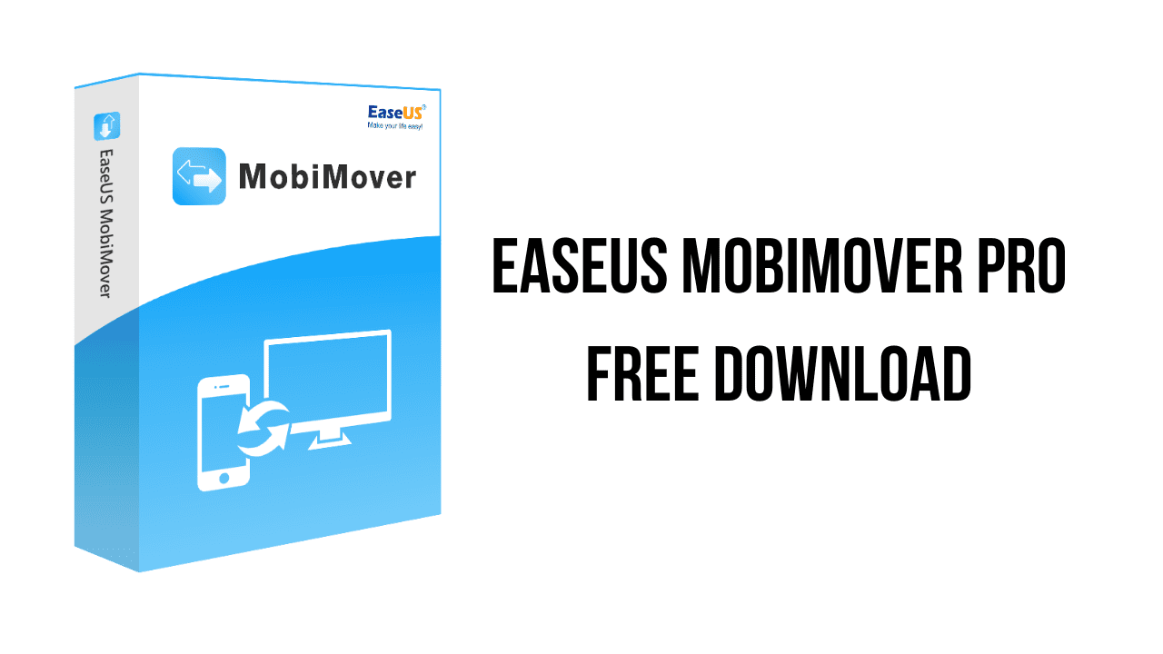 Image of a software box for EaseUS MobiMover Pro next to text that reads "EaseUS MobiMover Pro Free Download". The software, in blue and white packaging, features an icon of two devices with an arrow indicating data transfer. This Pro & Tech solution simplifies your data management needs.