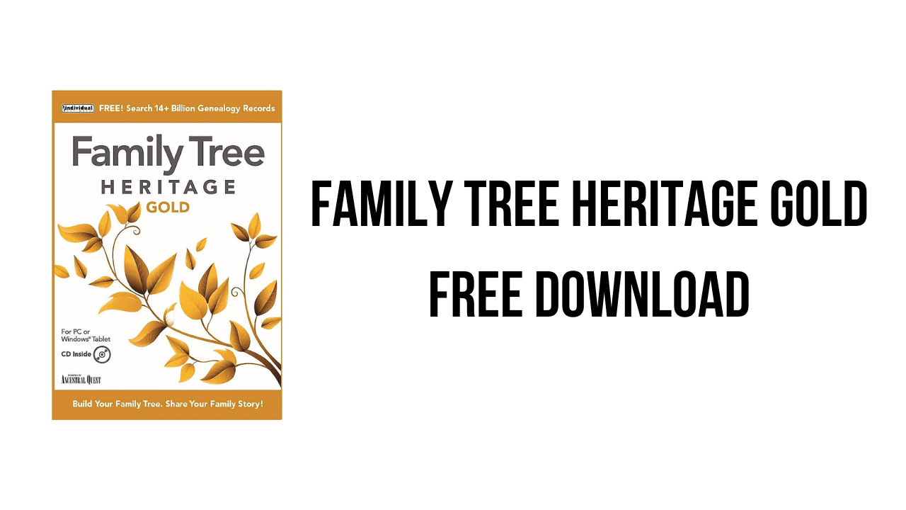 Image of a genealogy software advertisement. The left side shows the Family Tree Heritage Gold v16.0.14 software box with a decorative tree graphic. The right side has the text "Family Tree Heritage Gold Free Download" in bold black letters.