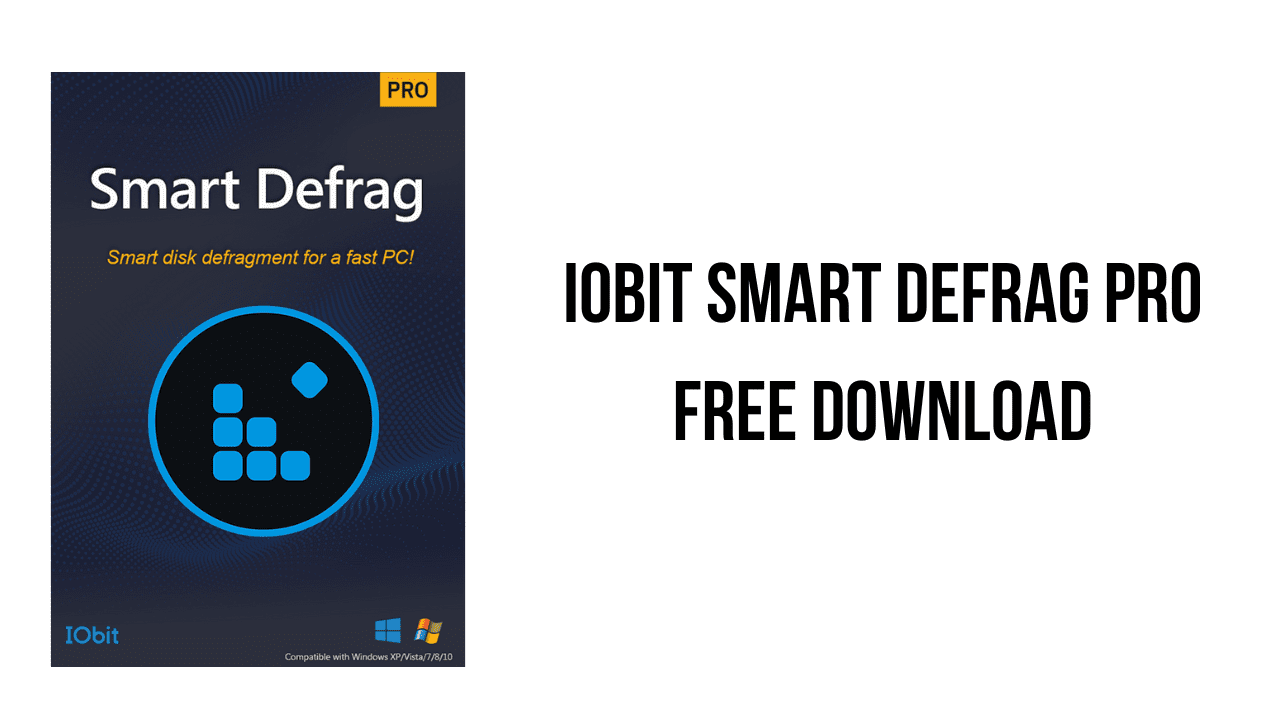 Image of an IObit Smart Defrag Pro promotional graphic. The left side showcases the software's box with "Smart Defrag" and "Smart disk defragment for a fast PC!" along with its logo. The right side highlights, "IOBIT SMART DEFRAG PRO v10.0.0.374 FREE DOWNLOAD.