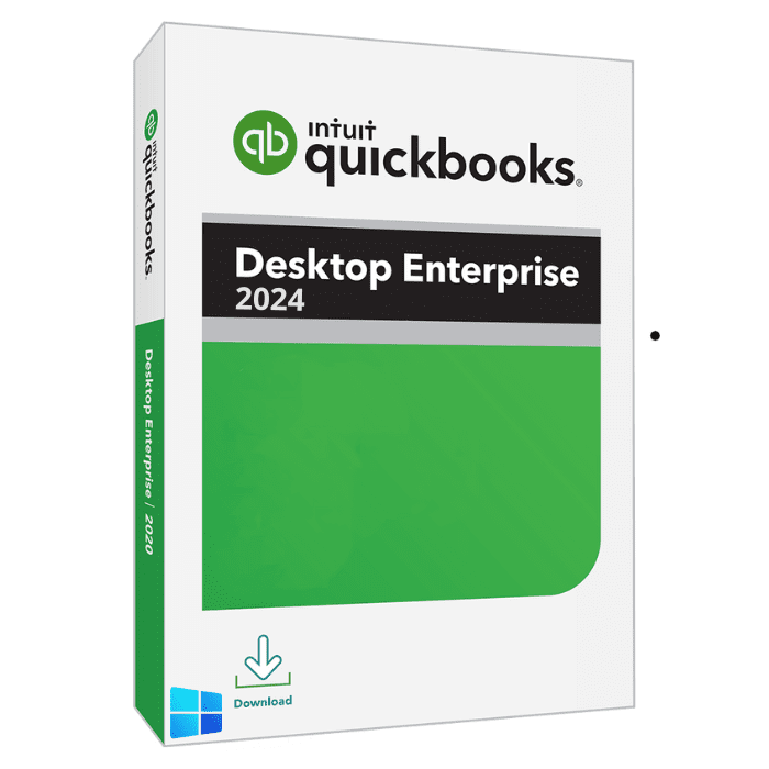 Image of a boxed software package for "Intuit QuickBooks Desktop Enterprise 2024". The box is white and green with the QuickBooks logo at the top, and a download icon and Windows logo at the bottom.