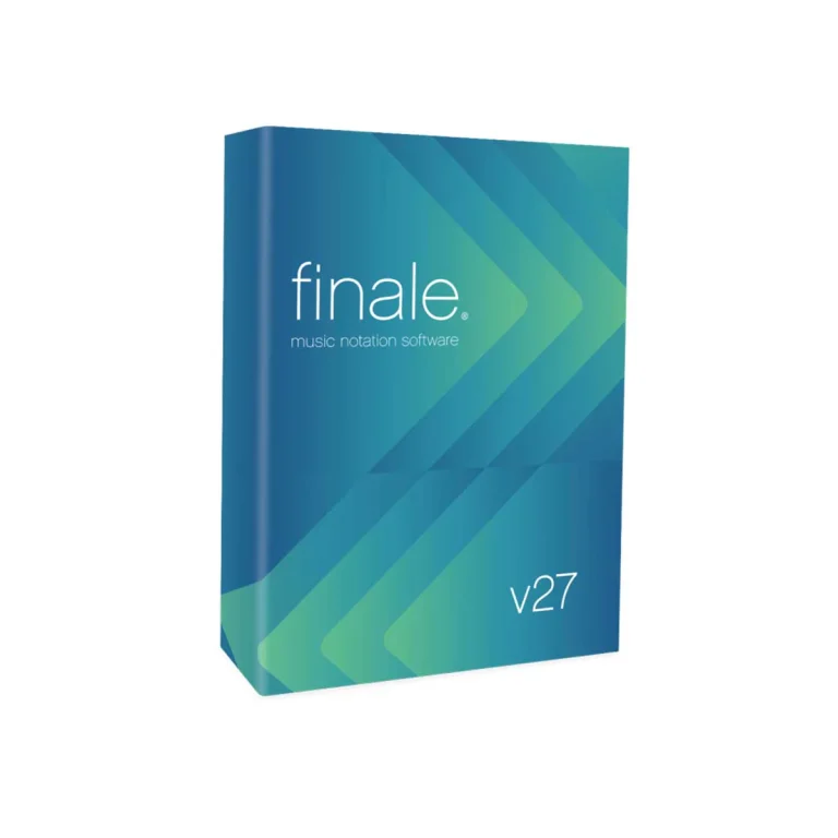 A 3D box image of MakeMusic Finale v27 music notation software. The box features a gradient of blue and green diagonal lines and has the text "finale. music notation software" and "v27" prominently displayed.