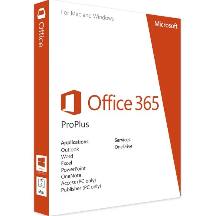 Image of a retail box for Microsoft Office 365 ProPlus. The package is white with orange accents and features the Office 365 logo. It lists applications such as Outlook, Word, Excel, PowerPoint, OneNote, Access (PC only), and Publisher (PC only). "For Mac and Windows" is noted at the top. Includes an Online Installer for quick setup.