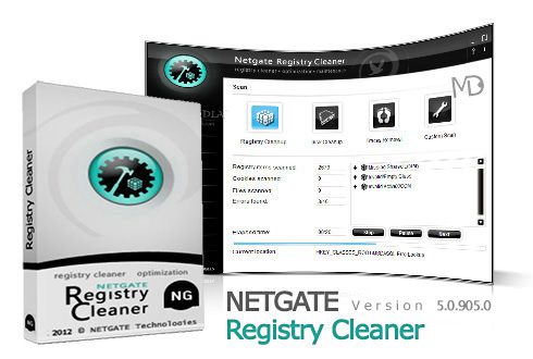 A software product box labeled "NETGATE Registry Cleaner 2024" stands next to a screenshot of the NETGATE Registry Cleaner application interface, showcasing options such as scan, registry cleanup, and backup. The text reads NETGATE Version 5.0.905.0 Registry Cleaner.