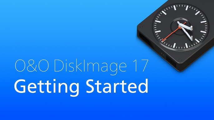 A blue background with the text "O&O DiskImage 17 Getting Started" in white. On the right side is a black, rectangular device resembling a clock with white and red clock hands, ideal for professional server environments like Meu2022.