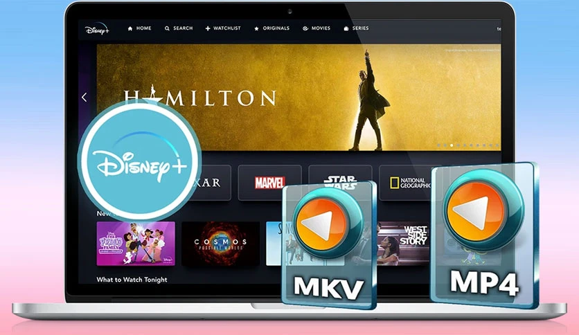 A laptop screen displays the Disney+ streaming service interface showing the musical "Hamilton" and various categories like Pixar, Marvel, and National Geographic. Icons for MKV and MP4 video file formats are overlaid on the screen, hinting at using Pazu Disney Plus Video Downloader for offline viewing.