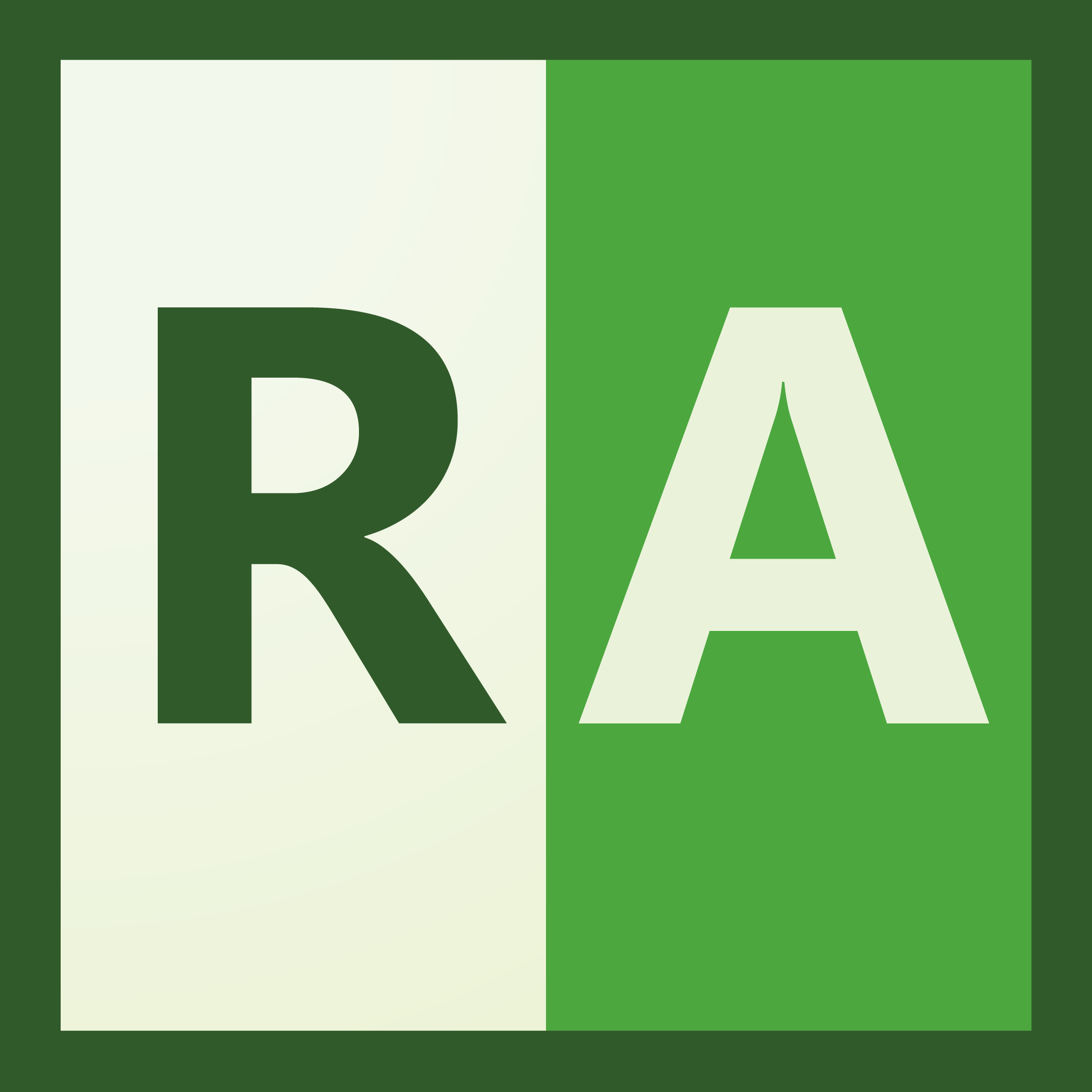 A square icon split into two vertical halves. The left half is white with a large green "R", representing RadiAnt DICOM Viewer v2024.1, and the right half is green with a large white "A". The background of the entire icon has a dark green border.