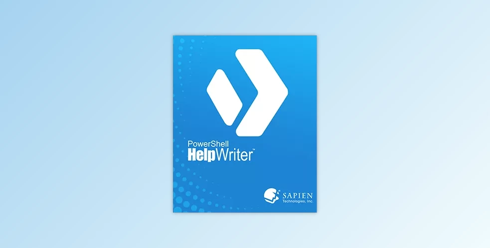 A blue software box cover for PowerShell HelpWriter by SAPIEN Technologies, Inc. features a white angular logo and the software name in white text. A wave of small dots decorates the lower left corner, reflecting the software's precision and functionality without any need for a keygen.