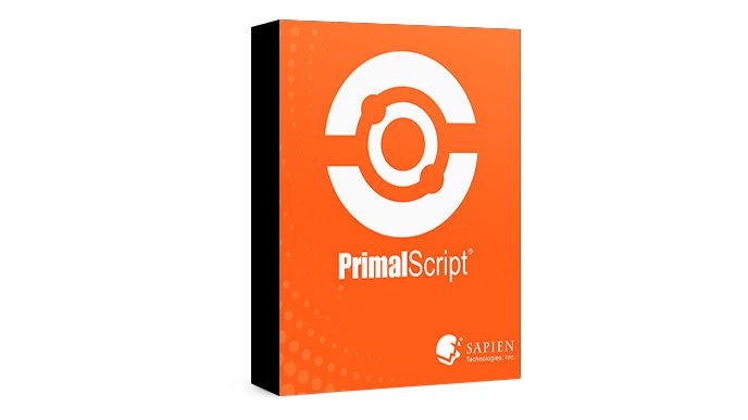 A rectangular orange software box features a white logo of a stylized letter "C" enclosing a circular design with nodes. The text "SAPIEN PrimalScript 2024" is prominently displayed. At the bottom right, "SAPIEN Technologies, Inc." is printed with a circular logo by KhanPC.