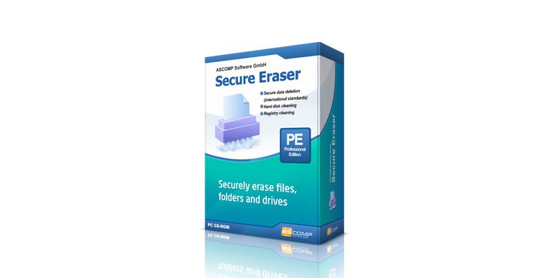 Box for the Secure Eraser Professional software, which securely erases files, folders, and drives. The packaging is predominantly blue and green with an icon of a shredder and text highlighting secure data deletion, international standards, and logging features. This edition comes pre-activated.