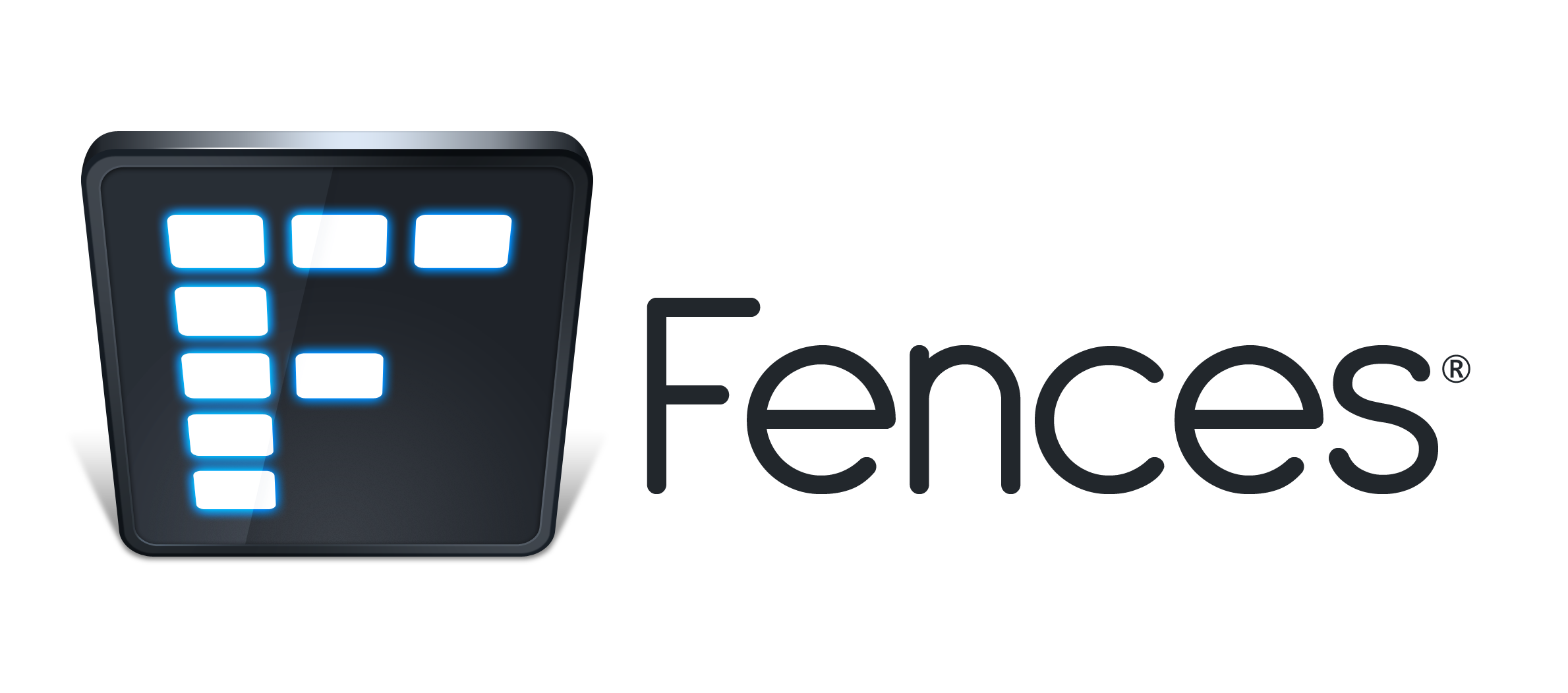 A black rectangular button featuring a smaller, slightly raised square on the left with a blue LED-style letter "F" composed of individual segments. Reminiscent of Stardock Fences, the rest of the button is blank, providing space for additional labels or icons.