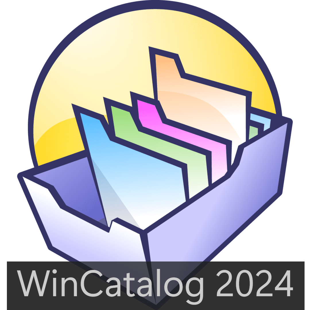 Colorful folders in a box against a yellow circle background, used as a logo for the software "WinCatalog 2024." Text "WinCatalog 2024" is displayed in the foreground, brought to you by KhanPC.