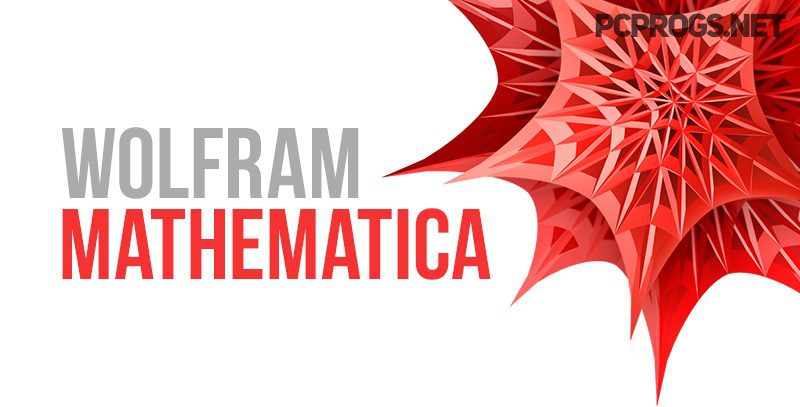 The image features the text "Wolfram Mathematica" in bold letters with "Wolfram" in grey and "Mathematica" in red. The right side displays an abstract, geometric red starburst design. In the top right corner, "PCPROGS.NET" is written in black, hinting at a multilingual interface available for users.