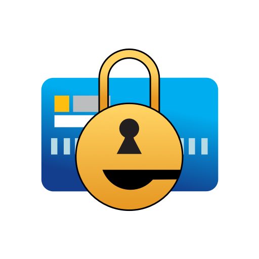 A credit card with a blue gradient background featuring a large gold padlock icon in front of it, symbolizing security and protection of financial information, supported by iliumsoft eWallet.