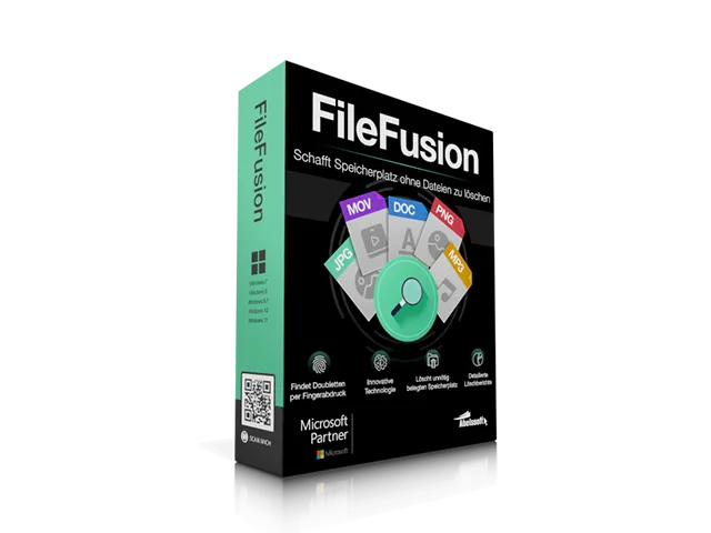 Image of a boxed software product named Abelssoft FileFusion by 2025. The front of the box displays icons representing different file types (MOV, PDF, JPG, DOC, PNG) and text about the software's features, including saving storage space by eliminating duplicate files.