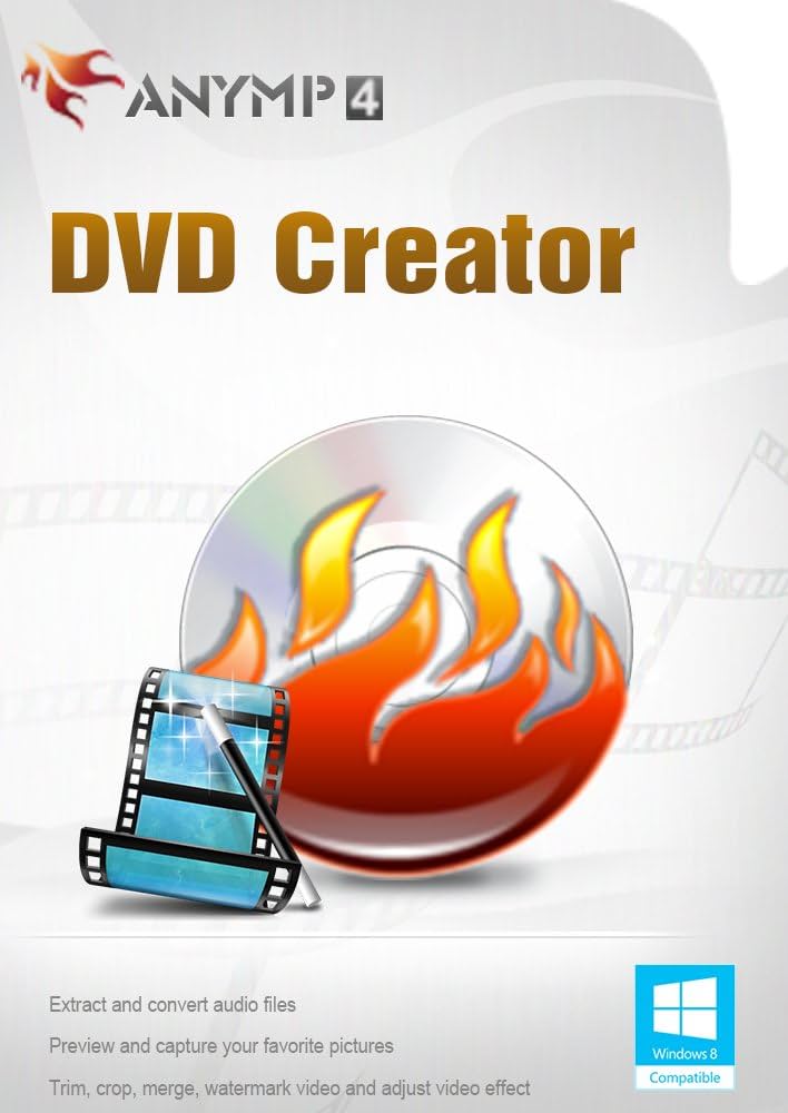 Image of AnyMP4 DVD Creator v7.3.8 software by AnyMP4. The cover features a burning DVD icon and a film reel overlaid with a clapboard. The text highlights the software’s capabilities, including extracting, converting, previewing, trimming, cropping, merging, and watermarking videos. It is Windows 8 compatible.