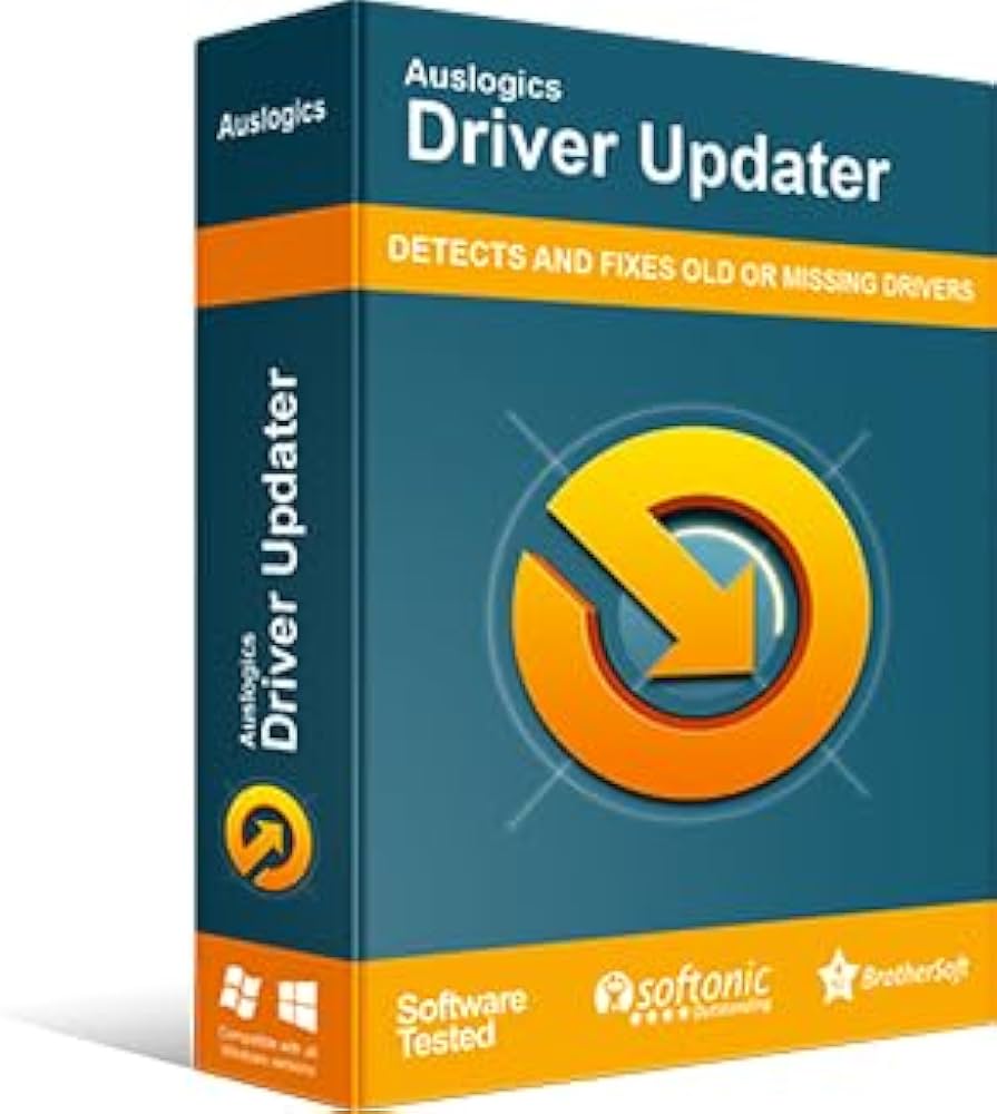 The image shows a box of Auslogics Driver Updater software. The packaging is primarily orange and green with a circular yellow arrow symbol. Text on the box reads "Detects and fixes old or missing drivers" and includes logos from Softonic and BrotherSoft. No signs of haxNode or crack are visible.