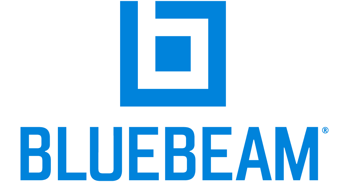 Bluebeam logo: A blue square with a stylized, modern 'b' at its center, positioned above the word "BLUEBEAM" in bold, blue uppercase letters, often seen in Bluebeam Revu.