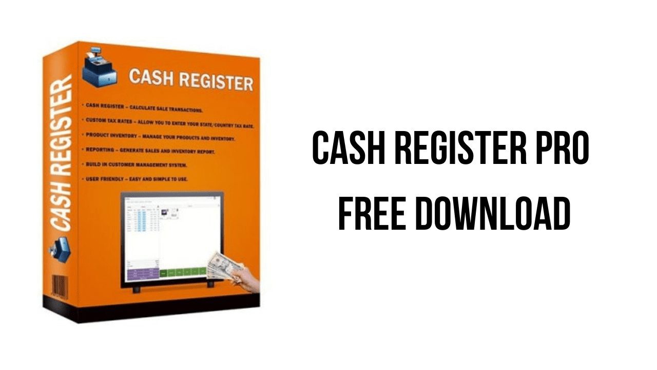 The image shows an orange box labeled "Cash Register Pro" with a list of features and an illustration of a point-of-sale system on a computer screen. The text beside it reads, "Cash Register Pro Free Download from haxNode.