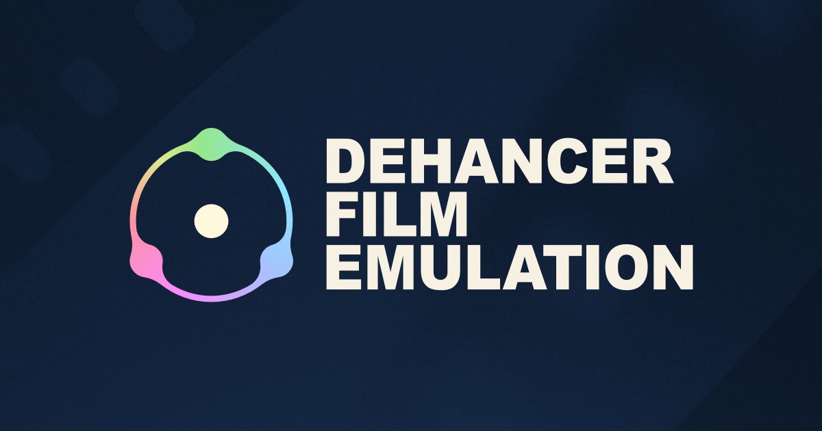 A dark blue background with an abstract, multicolored circular logo on the left side and the text "DEHANCER FILM EMULATION" in bold white capital letters on the right, perfect for enhancing your edits in Lightroom or Photoshop.