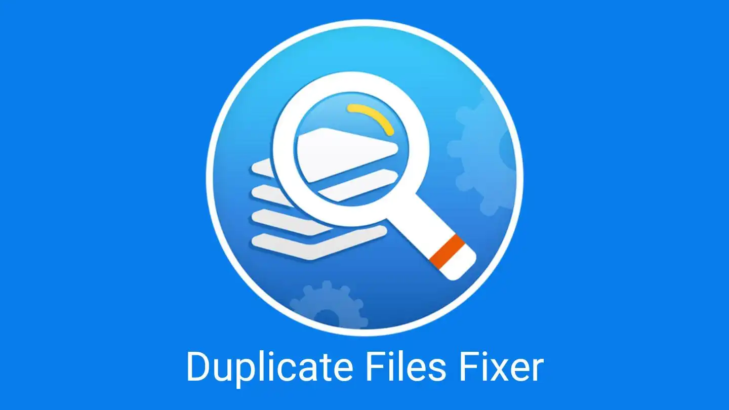 The Duplicate Files Fixer logo features a magnifying glass examining a stack of files on a blue background with gear icons, seamlessly blending with AppDoze's aesthetic.