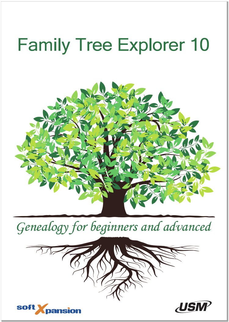 Cover of "Family Tree Explorer 10 Premium" showing a large tree with green leaves and visible roots, symbolizing family lineage. Below the tree, the text reads: "Genealogy for beginners and advanced." Logos for soft Xpansion and USM, the creators, are at the bottom.