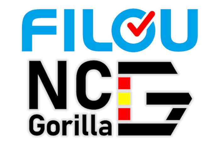 Logos of two different software tools. The top logo reads "FILOU" in blue, with the letter "O" styled with a checkmark inside. The bottom logo reads "NC-Gorilla" in black and red, creatively arranged with three horizontal stripes. These visuals represent the Filou NC Gorilla suite by KhanPC.