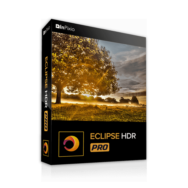 Image of a box for InPixio Eclipse HDR PRO software. The box displays a sunlit tree in a field with a stunning sunrise or sunset in the background. The product logo and name, "InPixio Eclipse HDR PRO," are prominently showcased on the bottom against a sleek black backdrop.