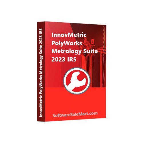 The image displays a red software box for "InnovMetric PolyWorks Metrology Suite 2023 IR5." A white wrench icon in a red circle is featured on the front, with text indicating the software name and the website "SoftwareSaleMart.com" at the bottom.