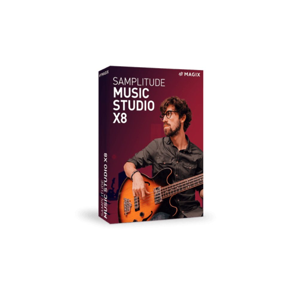 Box cover of MAGIX Samplitude Music Studio X8, featuring a man playing a bass guitar against a dark red background. The title "MAGIX Samplitude Music Studio X8" is prominently displayed at the top.