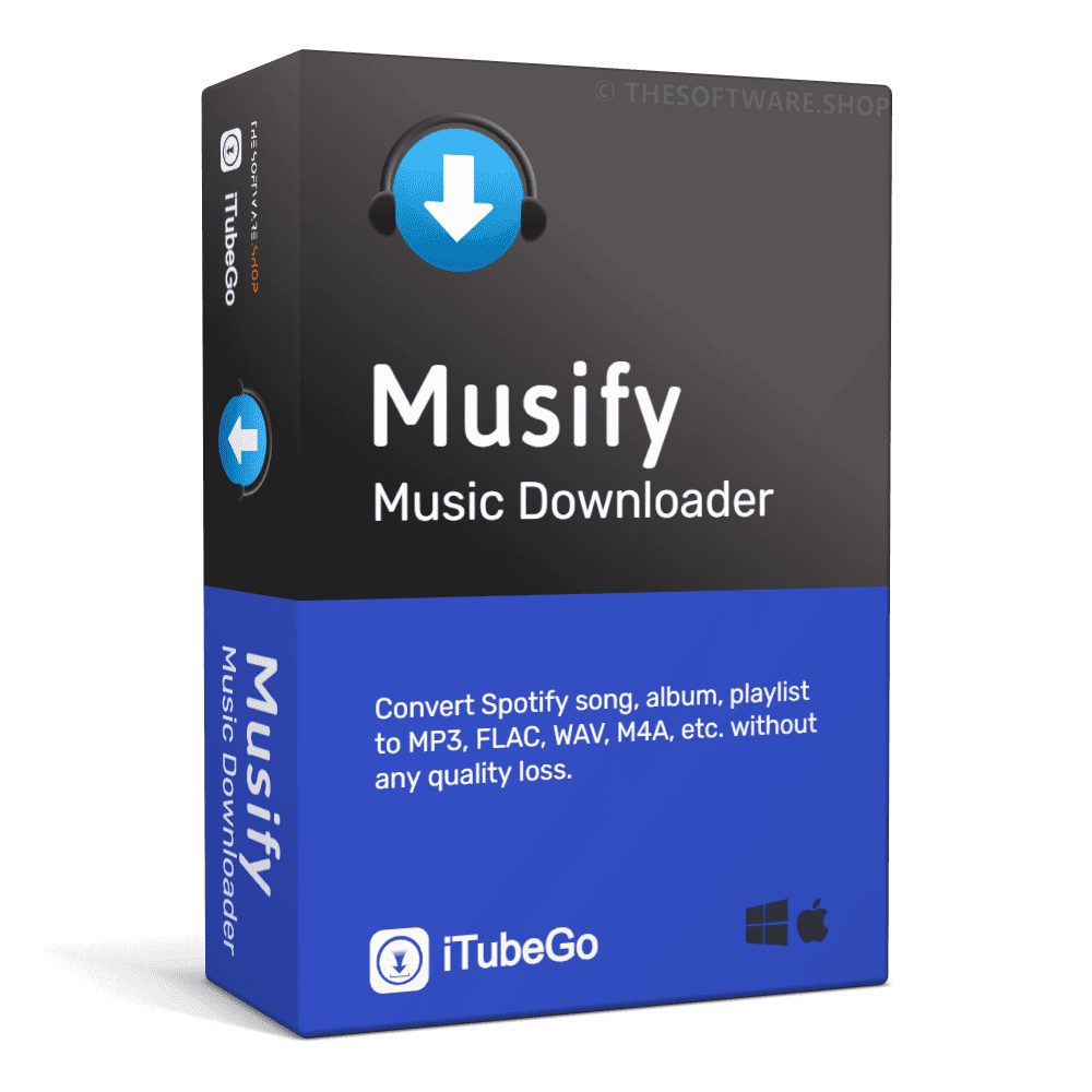 A product box for Musify Music Downloader by iTubeGo. The box design features a blue and black color scheme with a downward arrow symbol. It promotes the ability to convert Spotify songs, albums, and playlists to MP3, FLAC, WAV, M4A, etc., without quality loss using the KhanPC patch.