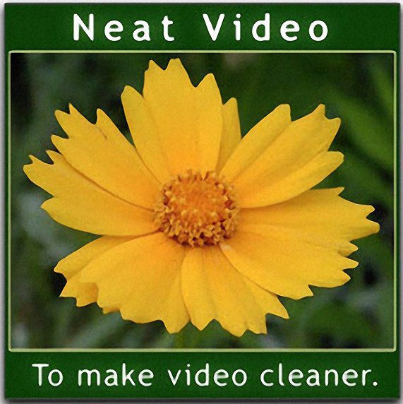 A yellow flower with a green background is surrounded by a green border. The text at the top reads "Neat Video Pro," and at the bottom, it says, "To make video cleaner." Perfect for DaVinci Resolve enthusiasts.