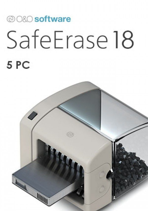 The image showcases the professional cover of O&O Software's SafeErase 18 product for 5 PCs. The design features a detailed 3D render of a shredding machine with shredded black pieces inside, symbolizing data destruction. The product is labeled "O&O SafeErase 18" and "5 PC" in bold letters.