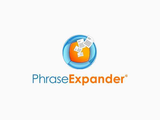 The image depicts the PhraseExpander logo, featuring a blue and orange circular icon with documents flying out from the center. Below it, "PhraseExpander" is written professionally, with "Phrase" in blue and "Expander" in orange.