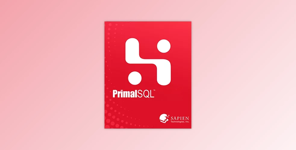 The image displays a red square logo with white abstract shapes and the text "PrimalSQL 2024" in white. Below this, on the bottom right, is a small logo of a globe with a swoosh and the text "SAPIEN Technologies, Inc.