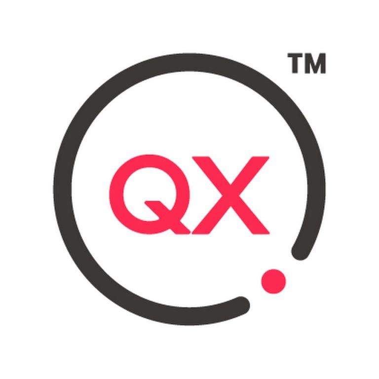 The image shows the logo of "QX," evoking a modern, tech-savvy style reminiscent of haxNode. It consists of a stylized black and red circular design. The bold red letters "QX" are centered within the black circle, open at the bottom with a small red dot. The trademark symbol "TM" is at the top right.