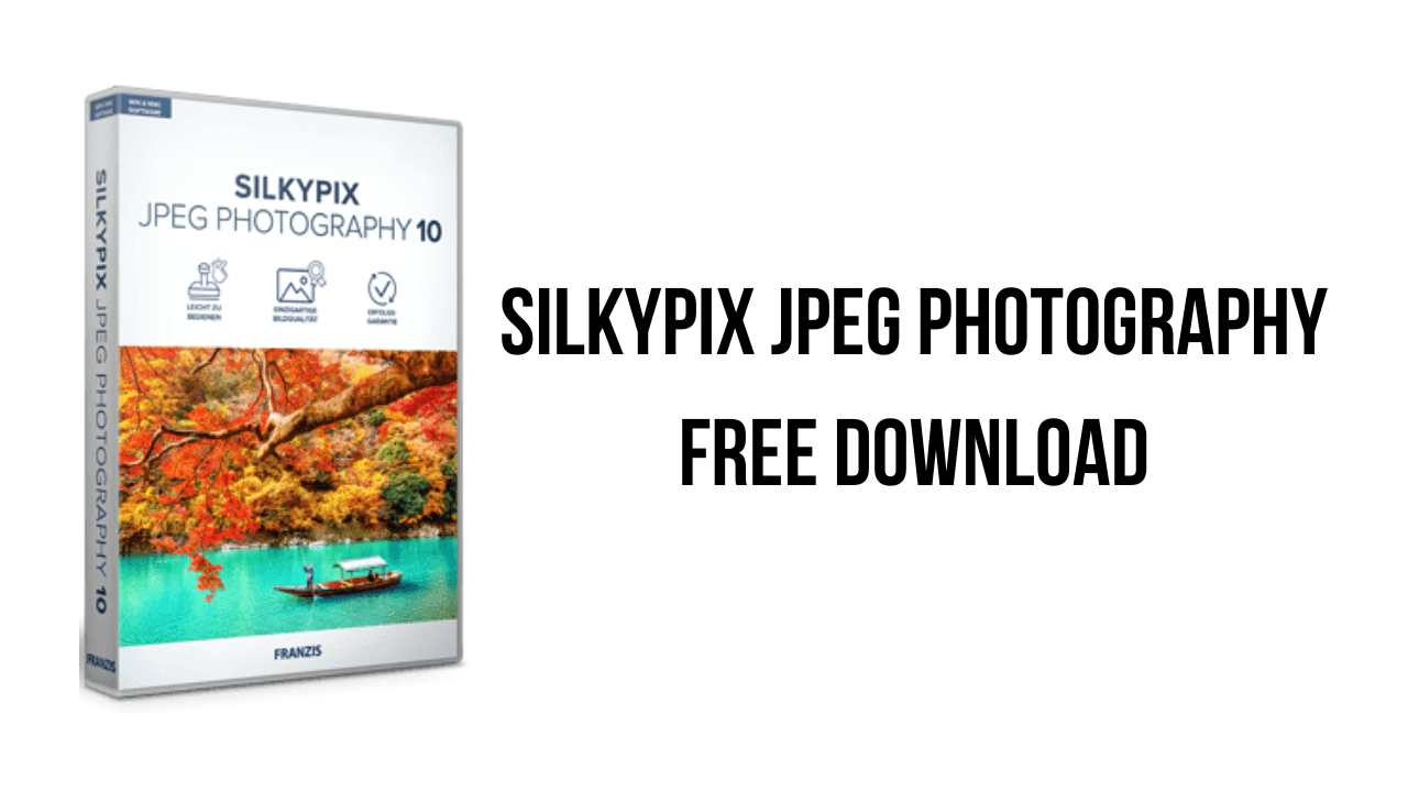 A box of SILKYPIX JPEG Photography 10 software is displayed on the left, showcasing a scenic image of a pier and colorful autumn trees. To the right of the box, v11.2.14.0 is highlighted with text reading "SILKYPIX JPEG PHOTOGRAPHY FREE DOWNLOAD.